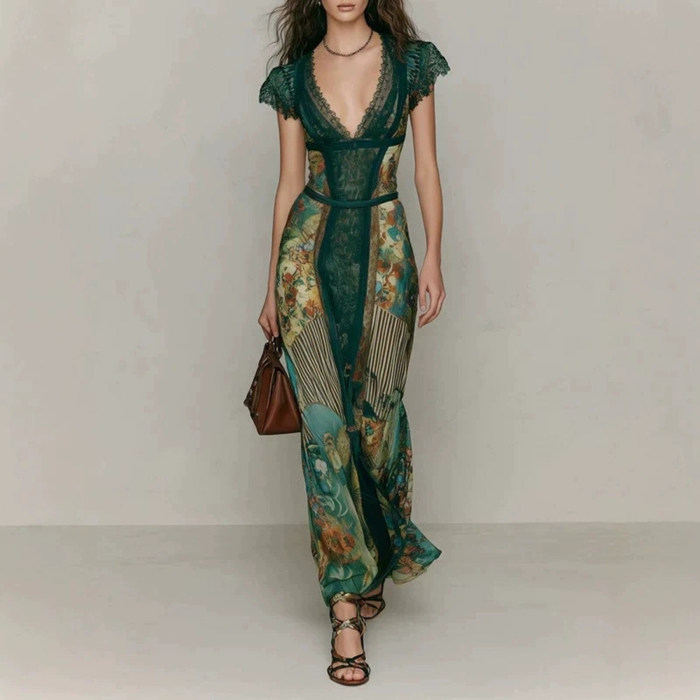 ZARA Retro Dark Green Lace Collar Oil Painting Mermaid Dress